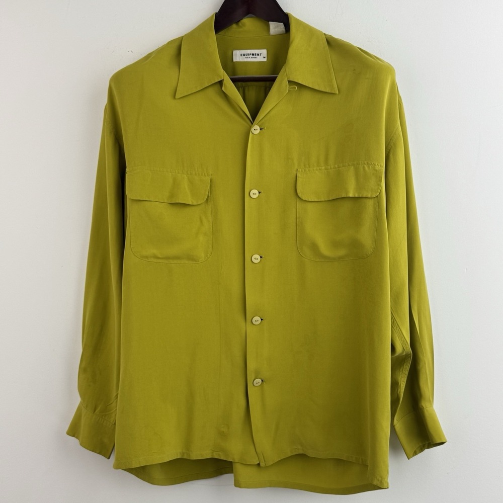 Equipment Button Up Camp Shirt Mens M Green Silk Resort Vacation Long Sleeve